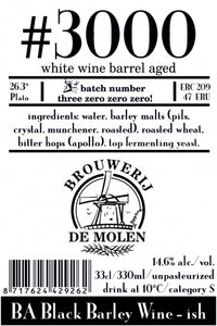 #3000 White Wine Barrel Aged - Brouwerij De Molen - White Wine Barrel Aged Black Barley Wine, 14.6%, 330ml