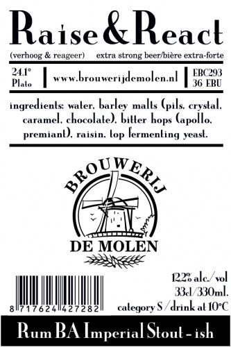 Raise & React - Brouwerij De Molen - Rum Barrel Aged Raisin Imperial Stout, 12.2%, 330ml Bottle