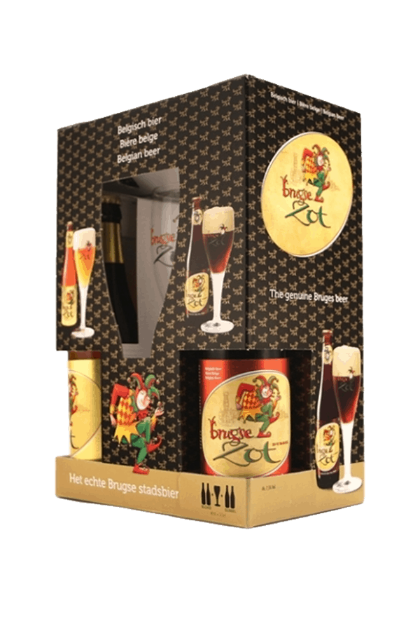 Bruges Zot Gift Set - Brouwerij De Halve Mann - Belgian Blonde & Brune, 4x330ml Bottle & Glass Gift Set