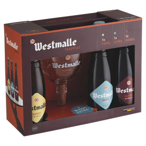 Westmalle Gift Set - Brouwerij der Trappisten van Westmalle - Belgian Extra, Dubbel & Tripel, 3x330ml Bottle & Glass Gift Set